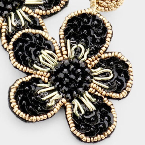 Flower Black Seed Bead Trim Dangle Earrings - Picture 3 of 6
